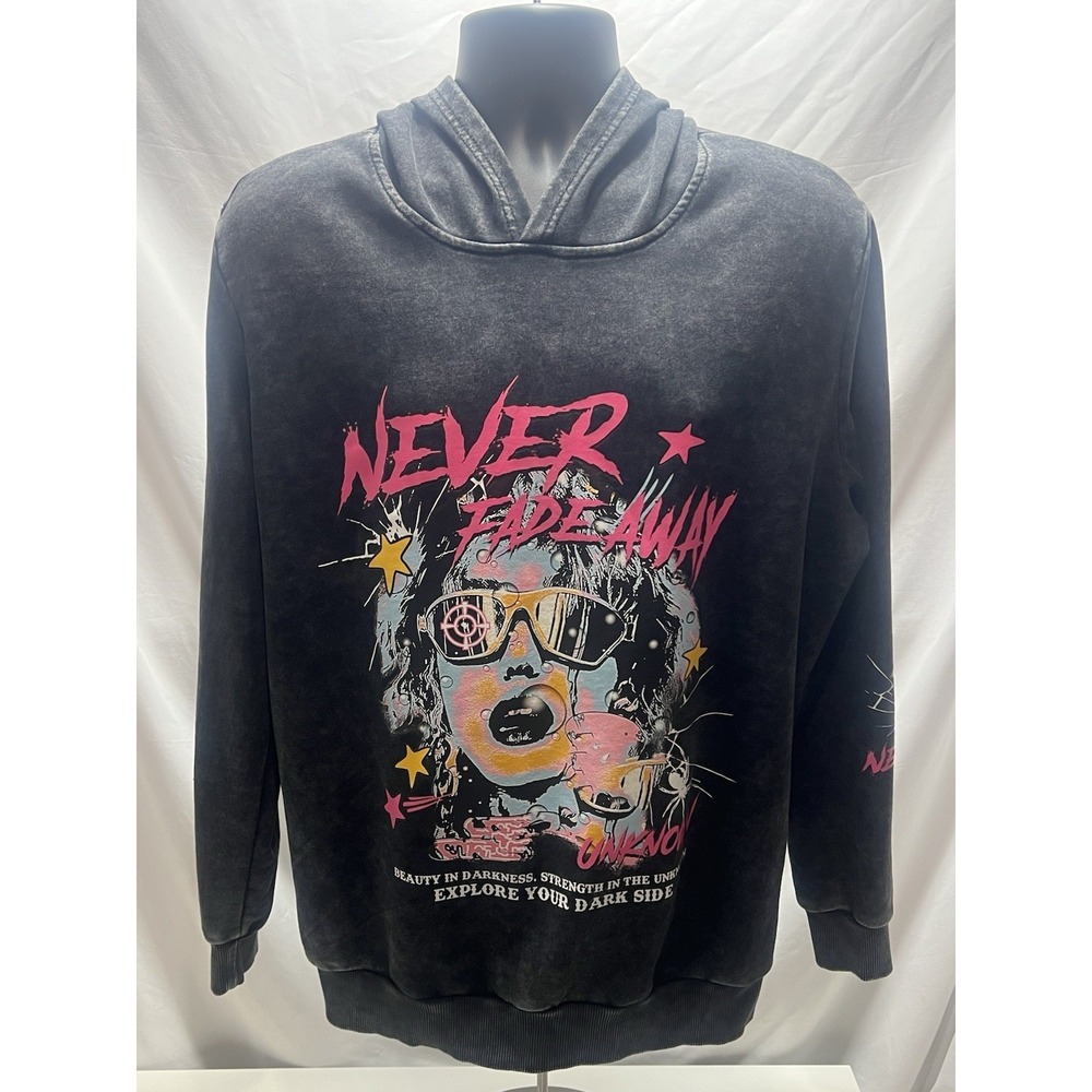 Romwe Hoodie Mens Size L Charcoal Retro Graphic Art Unknown, Never Fade Away